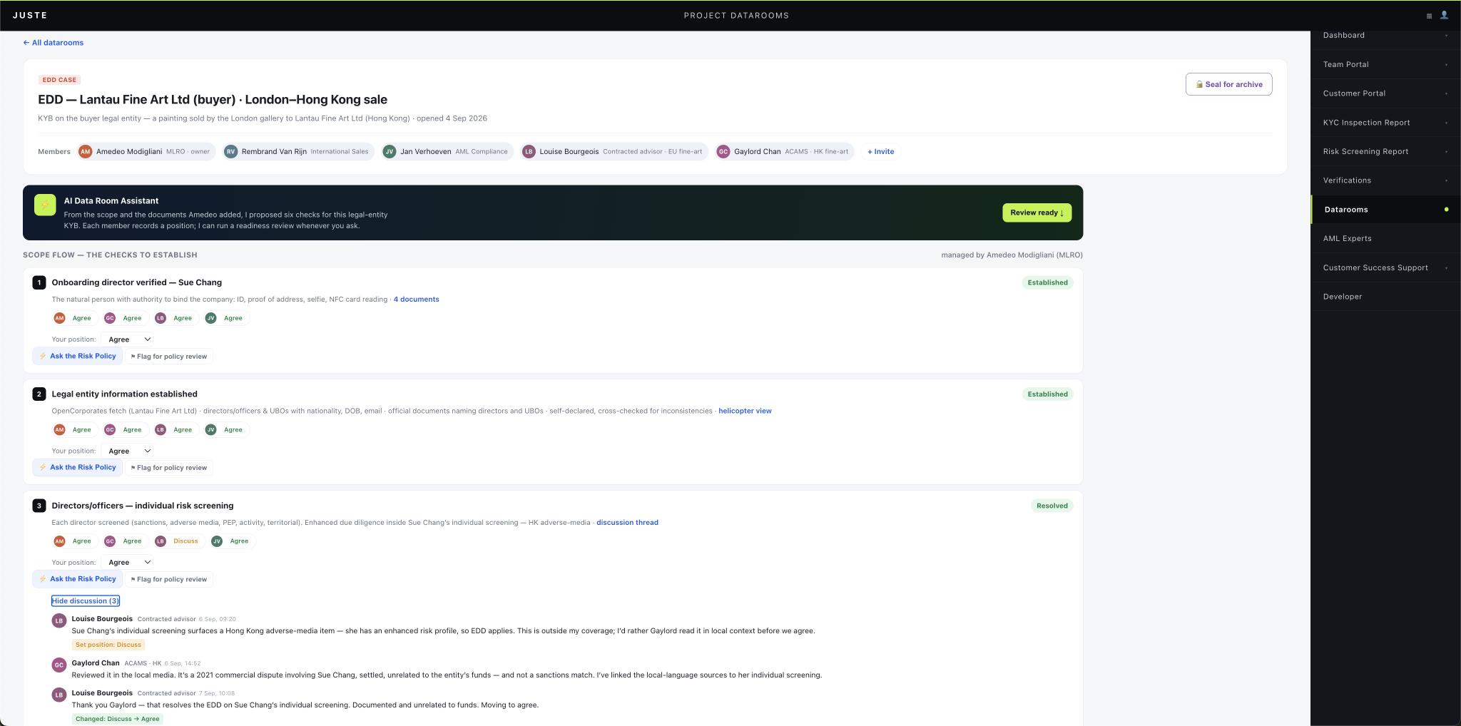 JUSTE governed dataroom showing a complex EDD case, named participants, a case-analysis agent, policy queries and attributed positions